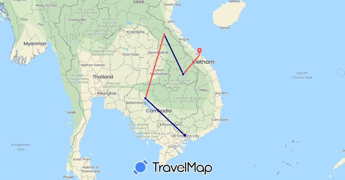 TravelMap itinerary: driving, hiking in Cambodia, Laos, Vietnam (Asia)